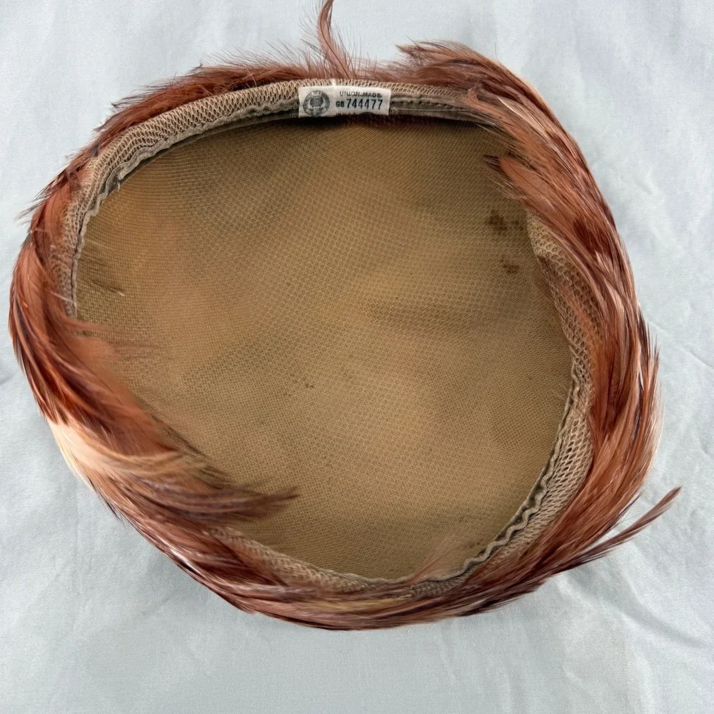 Vintage Union Made Feather Pillbox Hat Rust Copper Brown 1950s 1960s MCM USA